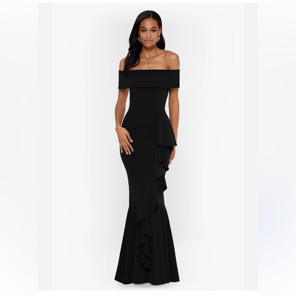 Betsy & Adam Petite CARINA LONG OFF THE SHOULDER RUFFLE DRESS NWT